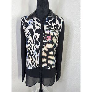 Guess Womens Long Sleeve Animal Print Blouse With Faux Leather Collar Size M Mad